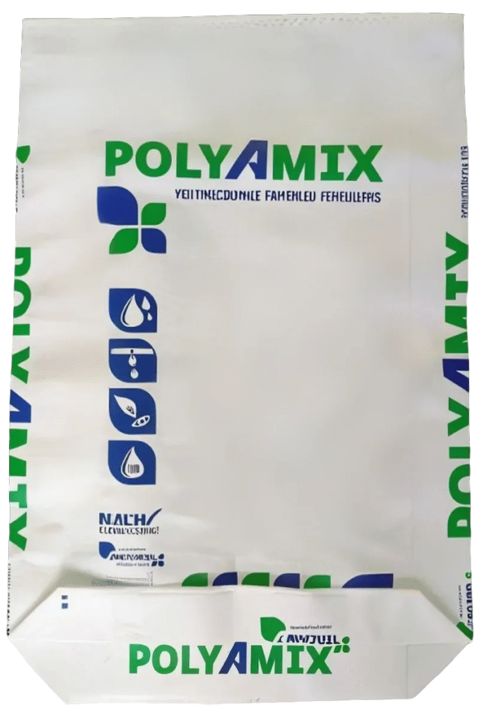 Square bottom PP woven bag for chemical packaging, POLYAMIX branding