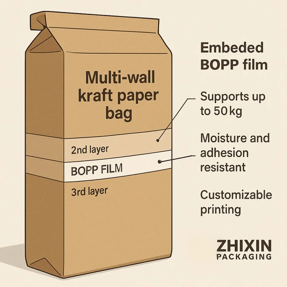 New Multi-Wall Kraft Paper Bag with Embedded BOPP Film: Moisture-Resistant, Durable & Customizable
